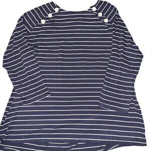 J JILL WEAREVER COLLECTION Buttoned Shoulder Tunic Navy Cream Stripe Sz L Preppy